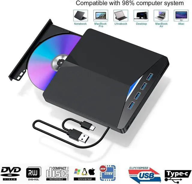 Main image of 7 -in-1 External DVD Drive for Laptop, Portable High-Speed USB-C&USB 3.0 CD Burner/DVD Reader Writer for PC Desktops, with 4 USB3.0 Ports and TF SD Card Slots Compatible with Windows/Mac OSX/Linux