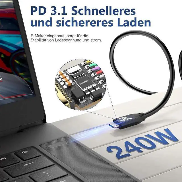 Alt view image 6 of 7 - 240W/20Gbps Type C to C Cable 1.6FT, USB C 3.2 Gen2 48V/5A PD3.1 Cable, 4K@60Hz Video Output Cord, USB Male to Male Cable Suport Thunderbolt 3 for MacBook Pro, Dell, Arzopa, Galaxy