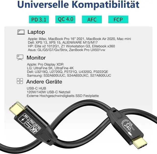 Alt view image 5 of 7 - 240W/20Gbps Type C to C Cable 1.6FT, USB C 3.2 Gen2 48V/5A PD3.1 Cable, 4K@60Hz Video Output Cord, USB Male to Male Cable Suport Thunderbolt 3 for MacBook Pro, Dell, Arzopa, Galaxy