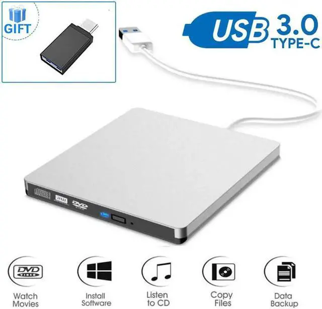 Main image of USB 3.0 External DVD Drive,Portable Slim USB 3.0&USB-C CD DVD +/-RW Drive Burner CD/DVD Player Writer,High Speed Transfer for Laptop MacBook Desktop iMac Mac OS Windows XP/7/8/10/Vista(Silver)
