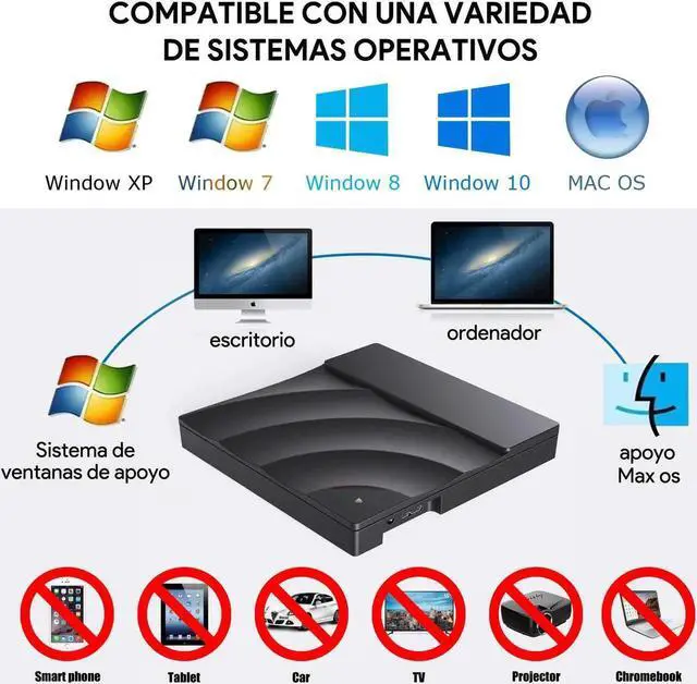 Alt view image 6 of 7 - External DVD Drive, USB 3.0 Portable CD/DVD+/-RW Drive/DVD Player with Touch Sensitive Button for Laptop CD ROM Burner Compatible with Laptop Desktop PC Windows Linux OS Apple Mac Black
