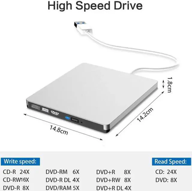 Alt view image 3 of 7 - External DVD Drive, Portable USB 3.0 Type-C CD/DVD Rewriter Burner Drive for Laptop Desktop PC Computer Windows Linux OS Apple Mac MacBook Pro Air iMac - High Speed Data Transfer, Silver