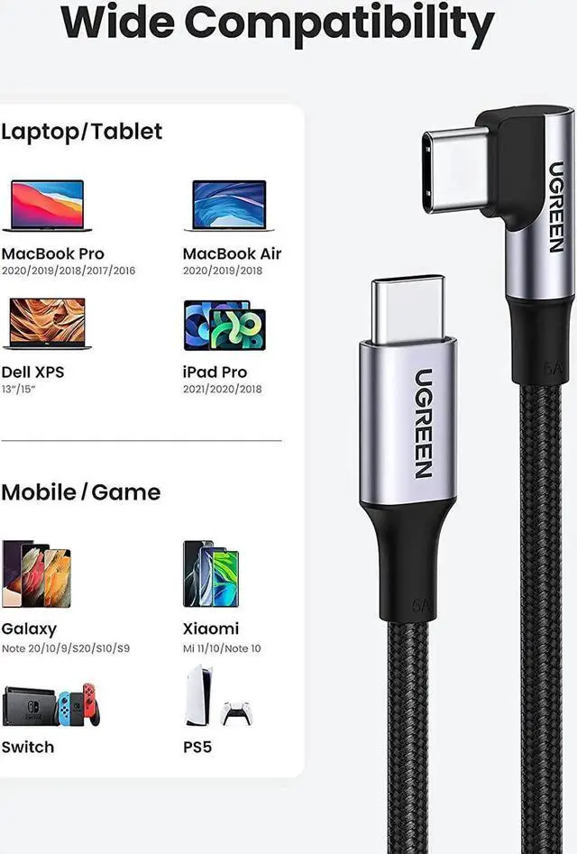 Alt view image 2 of 7 - USB C to USB C Cable 100W Fast Charging 10FT - Right Angle 5A Type C PD Nylon Braided Charging Cord Compatible for MacBook Pro Air iPad Pro 2020 Chromebook Galaxy S21 S20 Note 20 Dell XPS Pixel