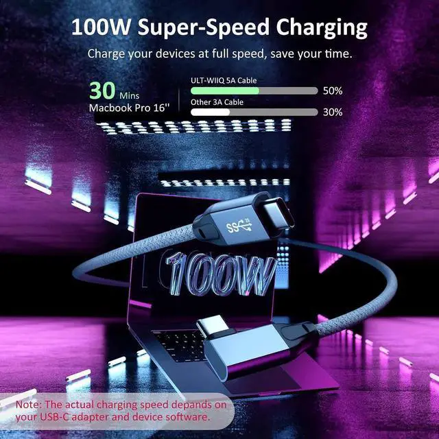 Alt view image 2 of 6 - USB C 3.2 Gen2x2 Cable 100W, 20Gbps Updated 90 Degree Right Angle USB C to C 3.2 Cable, 4K@60Hz Video Cord with E-Marker for Thunderbolt 3/4, Oculus Quest, iMac, MacBook, iPad Pro, Dell XPS (3.3 Ft)