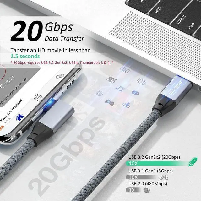 Alt view image 5 of 6 - USB C 3.2 Gen2x2 Cable 100W, 20Gbps Updated 90 Degree Right Angle USB C to C 3.2 Cable, 4K@60Hz Video Cord with E-Marker for Thunderbolt 3/4, Oculus Quest, iMac, MacBook, iPad Pro, Dell XPS (3.3 Ft)