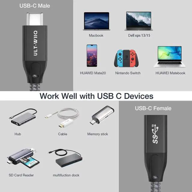 Alt view image 3 of 6 - USB C Extension Cable 6.6Ft, USB 3.2(10gbps) Type C Male to Female Extender Cord Fast Charging & Sync for Nintendo Switch, M1 MacBook Pro Air, Dell XPS, Magsafe Charger iPhone 12 and More