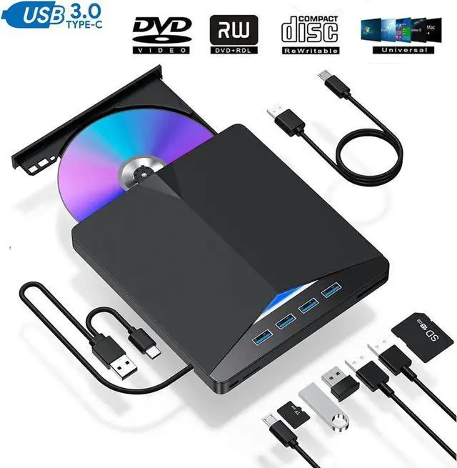 Main image of External DVD CD Drive , 7 -in-1 USB 3.0 Type-C Portable CD/DVD ROM +/-RW Drive/DVD Player Rewriter Burner with 4 USB3.0 Ports and TF SD Card Slots Compatible with Laptop Desktop PC Windows Apple Mac