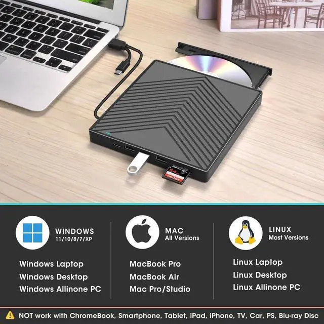 Alt view image 7 of 7 - External CD DVD Drive, Ultra Slim CD Burner USB 3.0 with 4 USB Ports and 2 TF/SD Card Slots, Optical Disk Drive Laptop Mac MacBook Pro/Air, Windows 11/10/8/7, Linux PC
