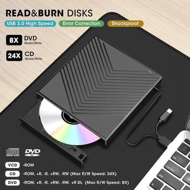 Alt view image 2 of 7 - External CD DVD Drive, Ultra Slim CD Burner USB 3.0 with 4 USB Ports and 2 TF/SD Card Slots, Optical Disk Drive Laptop Mac MacBook Pro/Air, Windows 11/10/8/7, Linux PC