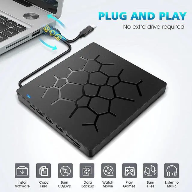 Alt view image 5 of 7 - 7 -IN-1 External DVD Drive, USB 3.0 Type C Portable CD/DVD +/-RW Drive Ultra-Thin DVD/CD ROM Rewriter Burner with 4 USB Ports and 2 SD Card Slots Compatible with Laptop Desktop PC Windows Apple Mac