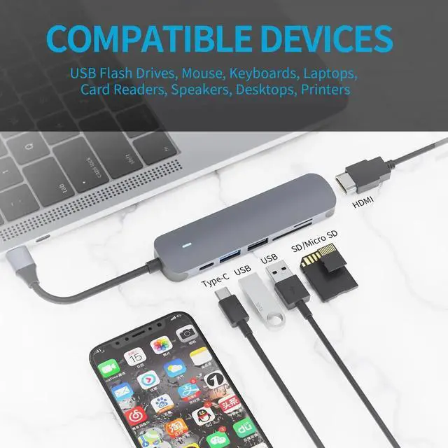 Alt view image 2 of 7 - USB C Hub 6 in 1 Type C Dock to HDMI 4K,2 USB 3.0/2.0 Ports, 87W PD Charging Adapter,SD/TF Card Reader Compatible with Mac-Book Pro Air, Surface Go,Dell XPS and More USB C Ports