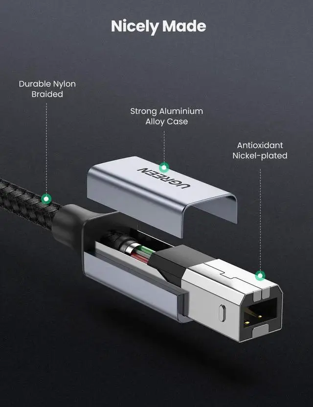 Alt view image 4 of 7 - USB C to USB B 2.0 Printer Cable Braided Printer Scanner Cord Compatible with Epson, MacBook Pro, HP, Canon, Brother, Samsung Printers and More 3FT