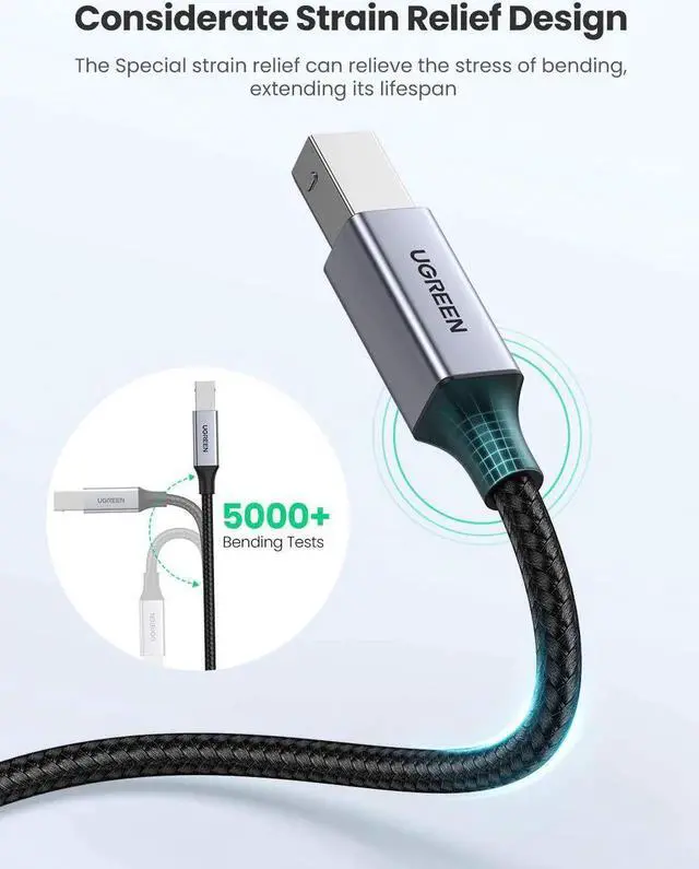 Alt view image 2 of 7 - USB C to USB B 2.0 Printer Cable Braided Printer Scanner Cord Compatible with Epson, MacBook Pro, HP, Canon, Brother, Samsung Printers and More 3FT