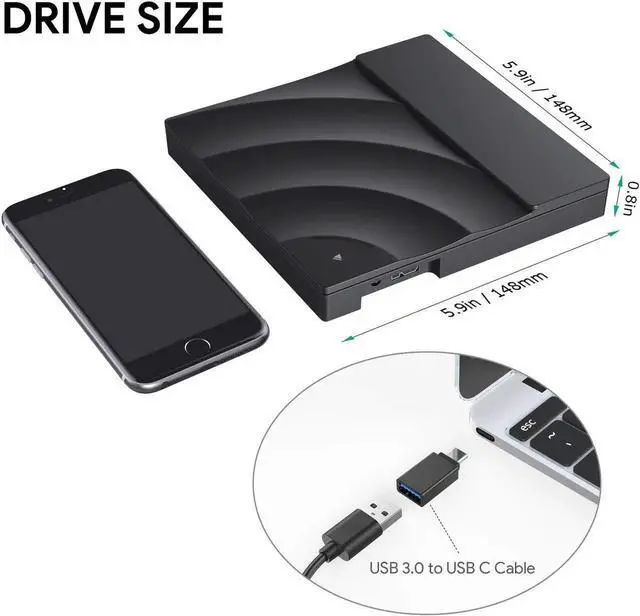 Alt view image 4 of 7 - CD/DVD External Drive with USB3.0 and Type-C Interface, CD-ROM/DVD-RM Reader and Writer with Touch Sensitive Button, Streamlined Construction, Compatible for Windows and Mac OS (Black)