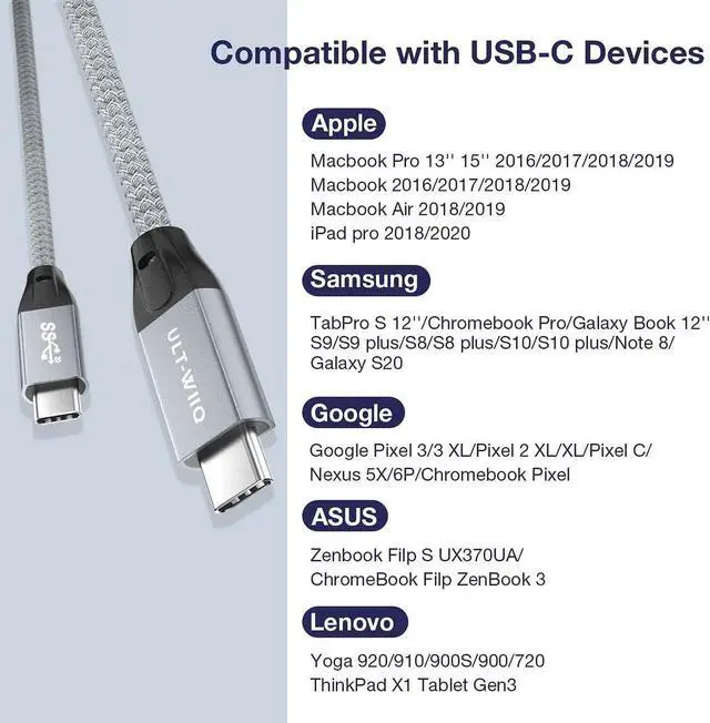 Alt view image 7 of 7 - USB C to USB C 3.2 Cable 3.3FT, 100W & 20Gbps USB 3.2 Gen 2X2 Cable, 4K@60Hz Video Cord with E-Marker for Thunderbolt 3/4, Oculus Quest, iMac, MacBook, Dell XPS, iPad Pro, Galaxy S21, Switch etc