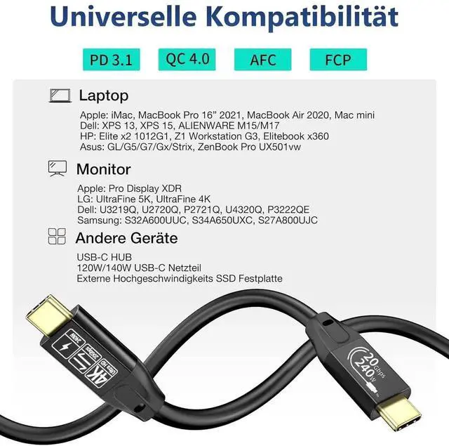 Alt view image 2 of 7 - 20Gbps USB C 3.2 Gen 2 Cable, Type C 4K@60Hz UHD Video 5A/240W PD3.1 Fast Charge w/E-Marker Compatible with Thunderbolt 3/4 for Phone 15Pro MacBook Pixel Monitor 3.3FT=1M