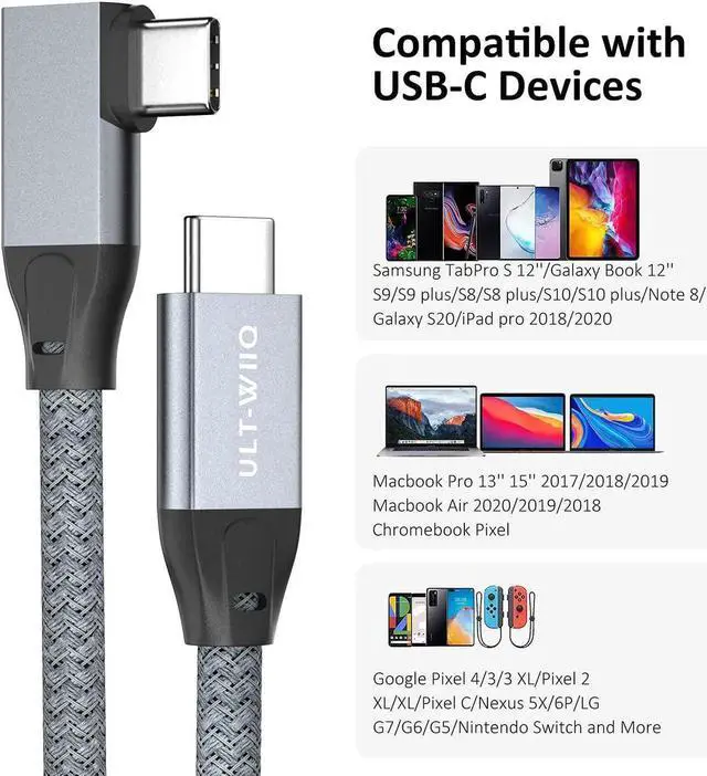 Alt view image 4 of 7 - USB C 3.2 Gen2x2 Cable 100W, 20Gbps Updated 90 Degree Right Angle USB C to C 3.2 Cable, 4K@60Hz Video Cord with E-Marker for Thunderbolt 3/4, Oculus Quest, iMac, MacBook, iPad Pro, Dell XPS (1.65 Ft)