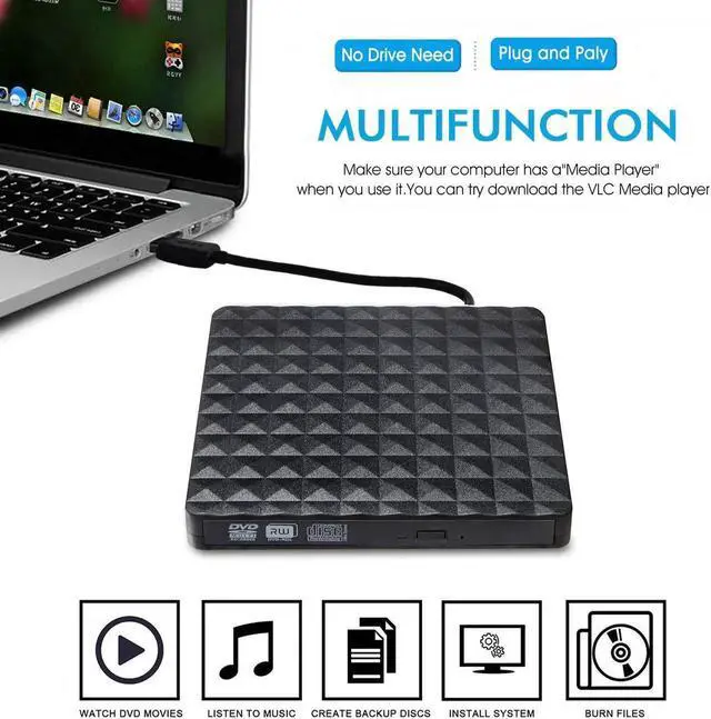 Alt view image 6 of 7 - Diamond Pattern USB 3.0 External DVD Drive, Slim Portable CD DVD +/-RW Writer/Rewriter/Player DVD CD ROM Drive for Mac OS/Desktop/Vista/Linux/Laptop/Windows 10/8/7/XP (Black)