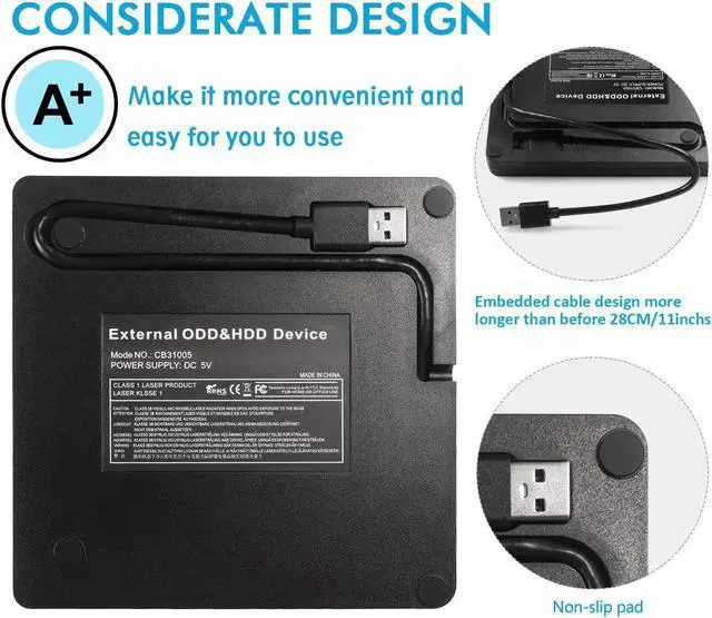 Alt view image 3 of 7 - Diamond Pattern USB 3.0 External DVD Drive, Slim Portable CD DVD +/-RW Writer/Rewriter/Player DVD CD ROM Drive for Mac OS/Desktop/Vista/Linux/Laptop/Windows 10/8/7/XP (Black)