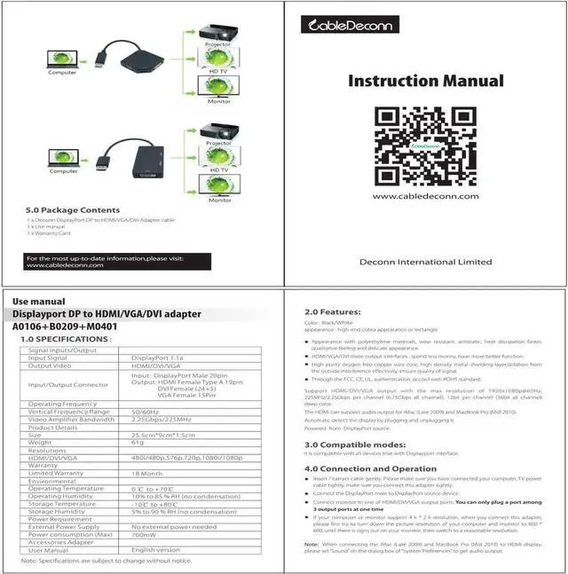 Alt view image 6 of 7 - DisplayPort 1.2 to HDMI 4K DVI VGA 3 in 1 Multi-Function Cable Adapter Converter