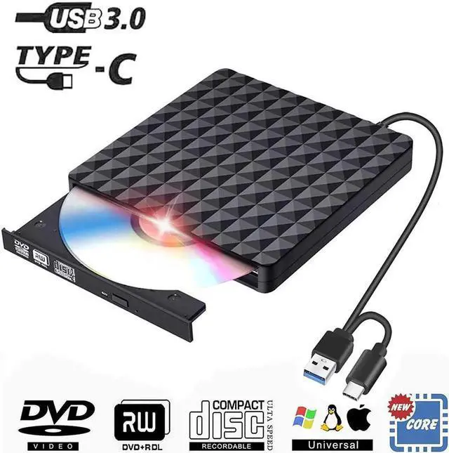 Main image of External CD DVD Drive USB 3.0 Type-C Portable Superdrive Burner Player Writer CD DVD +/- RW, Compatible with Windows 10 8 7 XP Vista Mac OS System for Mac Pro Air iMac Laptop- Diamond Black