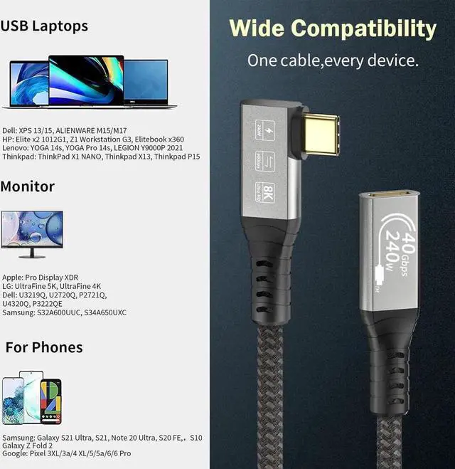 Alt view image 3 of 7 - USB4 8K Cable 0.5M Thunderbolt 4 USB 4 Type-c Male Bend to Female Extension Cable Ultra HD 8K@60Hz 100W Charging 40Gbps Data Transfer Compatible with External SSD eGPU