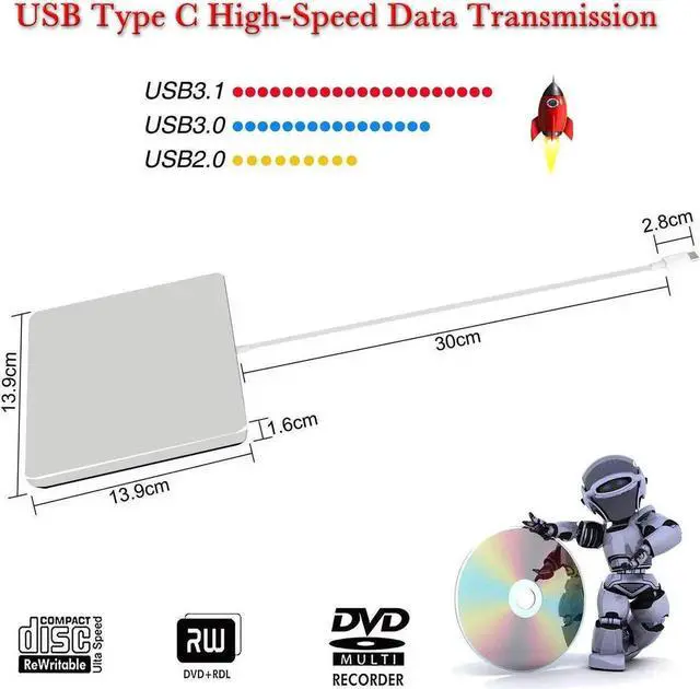 Alt view image 7 of 7 - Type-C DVD Drive External DVD Drive with Case, USB3.0 Type C Portable Optical Drive Burner &CD DVD +/-RW Writer/Rewriter/Player High Speed Data Transfer for Laptop/Desktops (Silver)