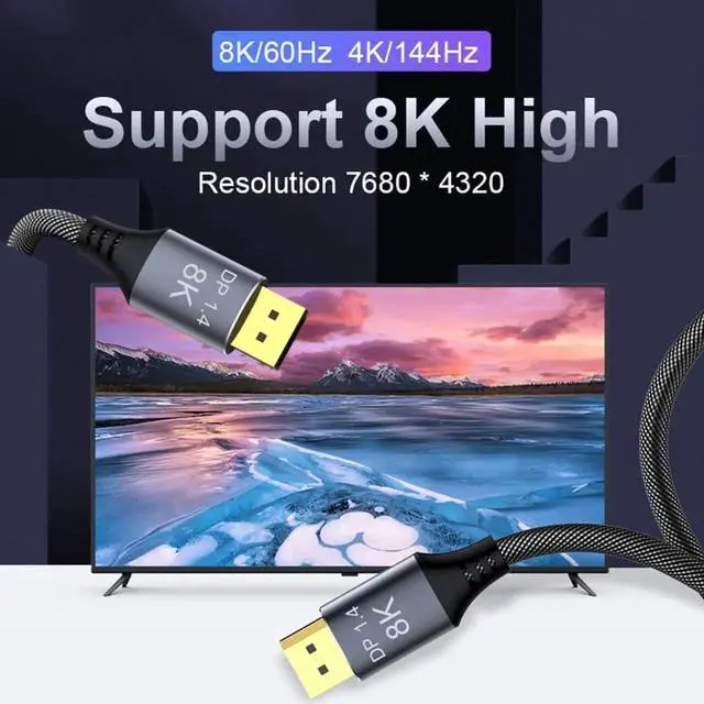 Alt view image 2 of 7 - DisplayPort Cable 1.4, 10FT DP Cable, Ultra HD 8K@60Hz 4K@144Hz, High Speed 32.4Gbps HDCP 3D Slim and Flexible DP to DP Cable for HDTVs, Displays, Monitors, Graphics, PC
