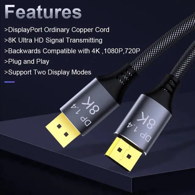 Alt view image 4 of 7 - DisplayPort Cable 1.4, 10FT DP Cable, Ultra HD 8K@60Hz 4K@144Hz, High Speed 32.4Gbps HDCP 3D Slim and Flexible DP to DP Cable for HDTVs, Displays, Monitors, Graphics, PC