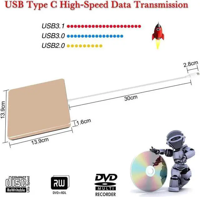 Alt view image 7 of 7 - xternal USB C Superdrive USB3.0 DVD CD Drive +/-RW Burner Writer Compatible with MacBook Pro Air/Laptop/Windows10 with Free USB 3.0 Adapter (Gold)