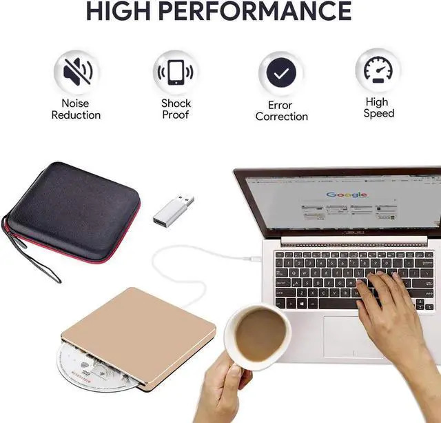 Alt view image 2 of 7 - xternal USB C Superdrive USB3.0 DVD CD Drive +/-RW Burner Writer Compatible with MacBook Pro Air/Laptop/Windows10 with Free USB 3.0 Adapter (Gold)