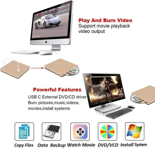 Alt view image 6 of 7 - xternal USB C Superdrive USB3.0 DVD CD Drive +/-RW Burner Writer Compatible with MacBook Pro Air/Laptop/Windows10 with Free USB 3.0 Adapter (Gold)