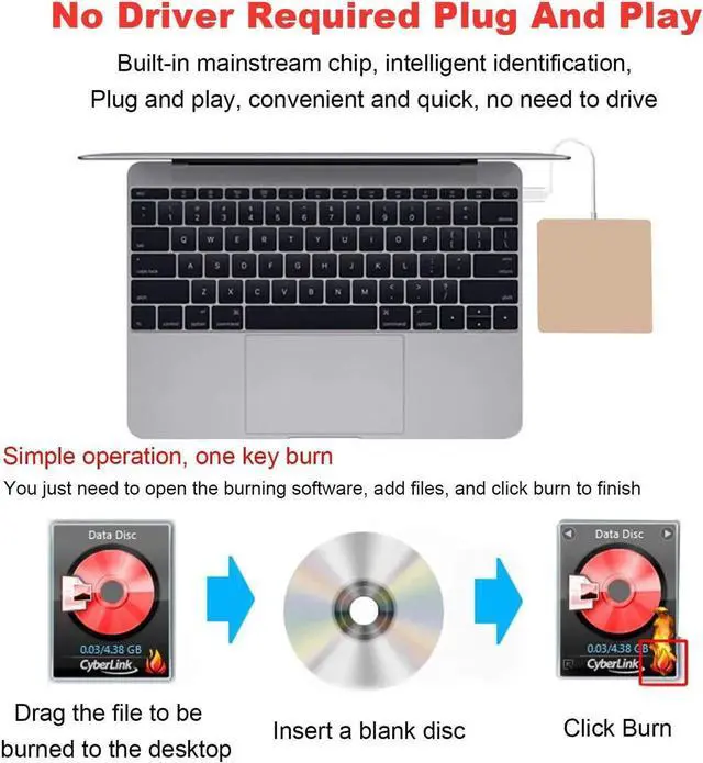 Alt view image 4 of 7 - xternal USB C Superdrive USB3.0 DVD CD Drive +/-RW Burner Writer Compatible with MacBook Pro Air/Laptop/Windows10 with Free USB 3.0 Adapter (Gold)