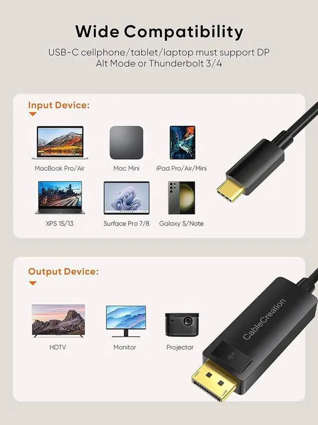 Alt view image 2 of 7 - 8K USB C to DisplayPort 1.4 Cable 6FT (8K@60Hz 4K@144Hz 2K@240Hz HDR) Type-C (Thunderbolt 3/4) to DP Cable 32.4Gbps Compatible with iPhone 16 15 Pro Max MacBook Pro/Air iPad XPS Galaxy