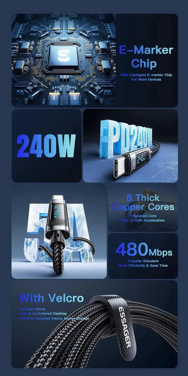 Alt view image 5 of 7 - 240W USB C Cable, Super Fast Charging 6.6ft, PD 100W PPS45W with LED Display Nylon Braided 5A E-Marker for MacBook, iPad, iPhone 16 15 Pro Max, Galaxy S24/S23 Ultra, Pixel and More