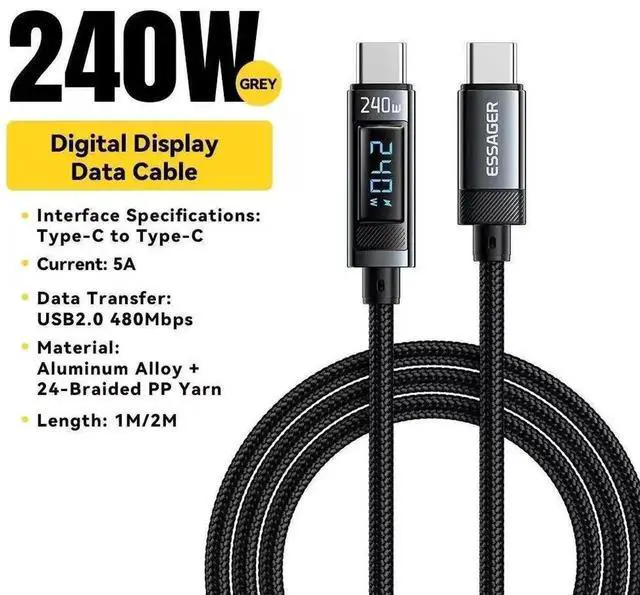 Alt view image 3 of 7 - 240W USB C Cable, Super Fast Charging 6.6ft, PD 100W PPS45W with LED Display Nylon Braided 5A E-Marker for MacBook, iPad, iPhone 16 15 Pro Max, Galaxy S24/S23 Ultra, Pixel and More