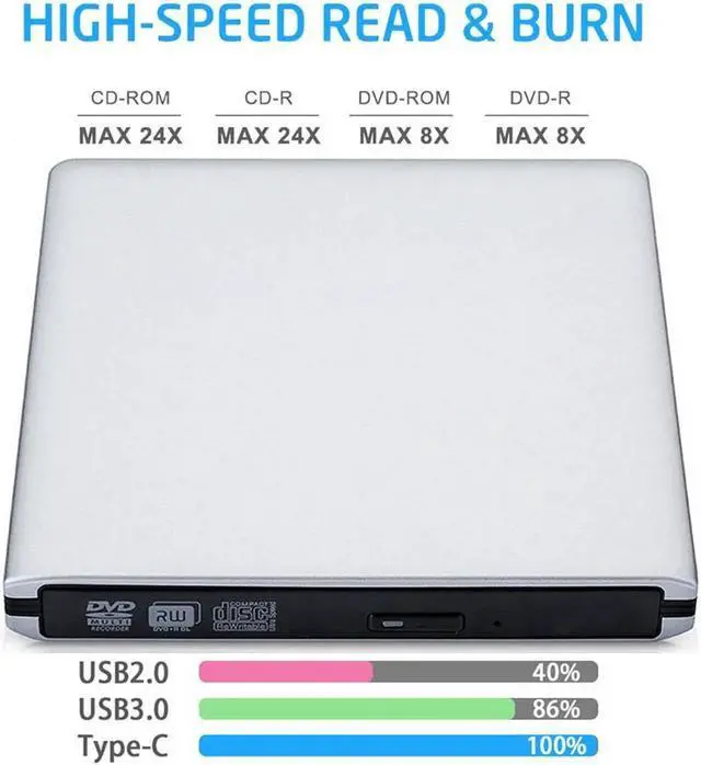 Alt view image 5 of 7 - Aluminum External DVD Drive for Laptop, USB 3.0 Portable Optical Slim CD/DVD Burner Player RW Drive Compatible with Desktop PC Windows XP/ 2003/ Vista/ 7/8, Linux, Mac os System (XD058, Silver)