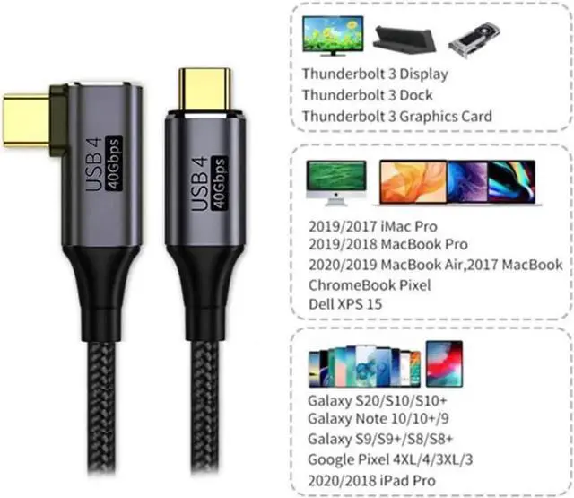 Alt view image 7 of 7 - 90 Degree Angled USB-C to USB-C USB4 Cable 40Gbps with 100W Charging UHD 8K 5K 4K@60Hz USB4.0 Compatible with Thunderbolt3/4 1.2M