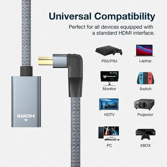 Alt view image 7 of 7 - 270 Degree HDMI Extension Cable, 4K HDMI Male to Female Nylon Braided Right Angle Extender Cable, Support 4K@60Hz, 3D, HDCP 2.2 & HDR for HDTV, PS5, PS4, Xbox One, Blu-ray Player, 1.65ft