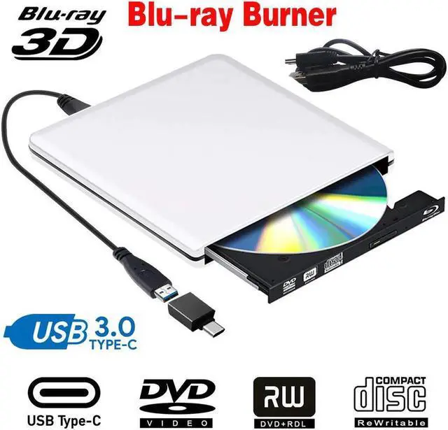 Main image of Aluminum External DVD Blu-Ray Burner Drive, USB 3.0 Type-C CD DVD +/-RW Optical Drive USB C Burner Slim CD/DVD ROM Rewriter Writer Reader Portable for PC Laptop Desktop MacBook Mac Silver