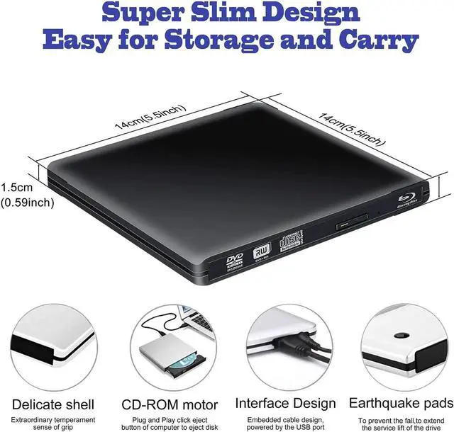 Alt view image 5 of 7 - Aluminum External Blu-Ray DVD Drive for Laptop, USB 3.0 Portable Optical Slim CD/DVD/Blu-Ray Burner Player RW Drive For Desktop PC Windows XP/ 2003/ Vista/ 7/8, Linux, Mac os System ,Black