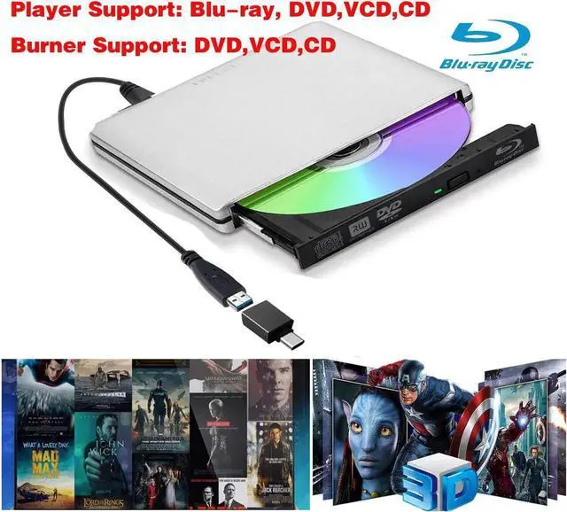 Alt view image 4 of 7 - Aluminum External Blu-Ray DVD Drive for Laptop, USB 3.0 Portable Optical Slim CD/DVD Burner Blu-Ray Player RW Drive For Desktop PC Windows XP/ 2003/ Vista/ 7/8, Linux, Mac os System, Silver