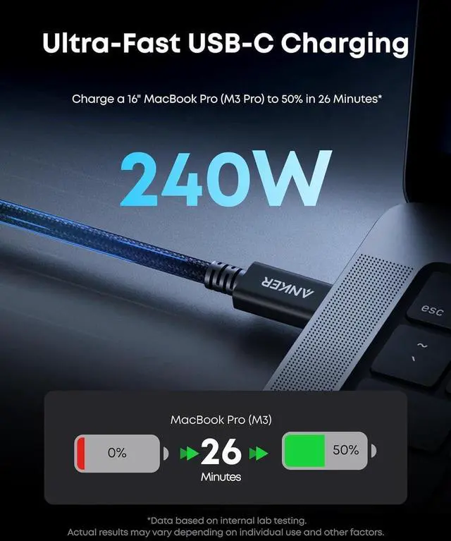 Alt view image 3 of 7 - Prime Thunderbolt 5 Cable, 3.3 FT USB C to USB C Cable, 240W Charging, 80Gbps Data Transfer, Up to 120Gbps Bandwidth, 8K/4K Displays, for iPhone 16, MacBook, and More (Thunderbolt 5-Certified)