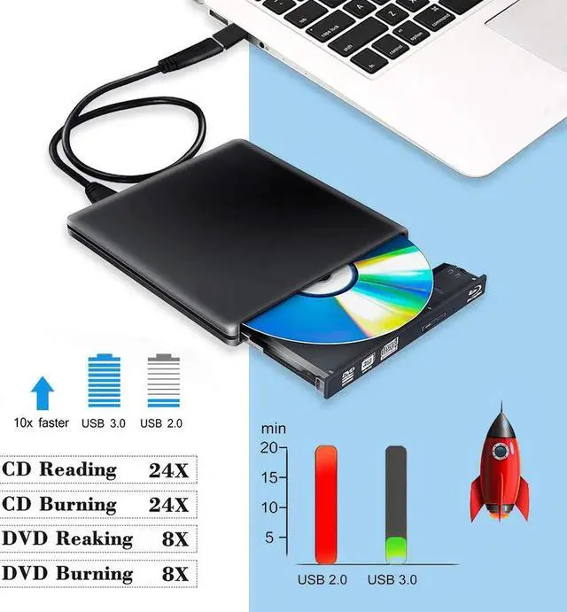 Alt view image 5 of 7 - Aluminum Portable USB 3.0 Blu-Ray Player Drive, Slim 8X DVD/ Burner +/- Rewriter External Drive with Type-c, Compatible with Mac & Windows, (ODP1202) Black