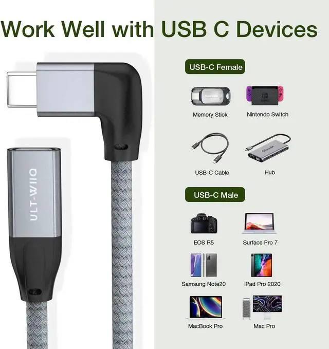 Alt view image 6 of 7 - Right Angle USB C Extension Cable 1.65FT, 90 Degree USB C 3.1(10Gbps) Male to Female 100W Fast Charging Extender Cord for iPhone 12 Wireless Charger, MacBook Pro/Air, Nintendo Switch