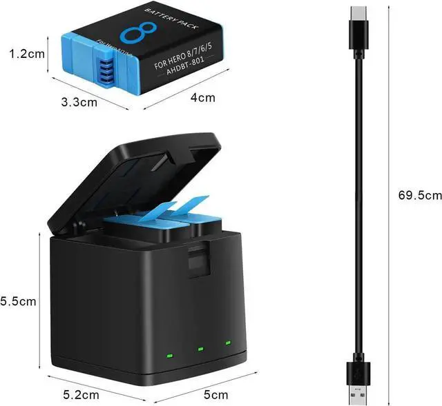 Alt view image 6 of 6 - 2 Pack Batteries for Gopro Hero 8 7 6 5 Black Battery Charger and 3-Channel LED USB Storage Charger, Fully Compatible with Hero 8 7 Black Go Pro 5 6 7 8 1500mAh Battery
