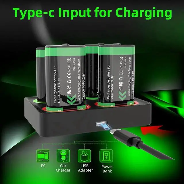 Alt view image 5 of 6 - Rechargeable Battery Pack Charger Station for Xbox Controller, 4 x 2600mWh Rechargeable Batteries for Xbox Controller Battery Pack for Xbox One/Xbox Series X|S/Xbox One S|X/Xbox One Elite