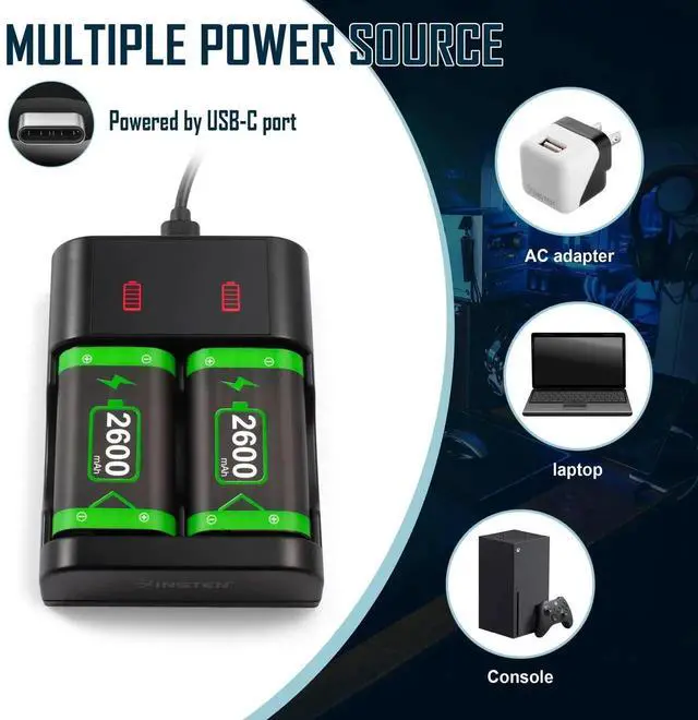 Alt view image 5 of 7 - Rechargeable Battery Pack and Charger for Xbox Series / Xbox One, 2 Pack 2600mAh Battery for Xbox Series X / S, Xbox One / X / S / Elite Wireless Controller with Dual Battery Charger Station