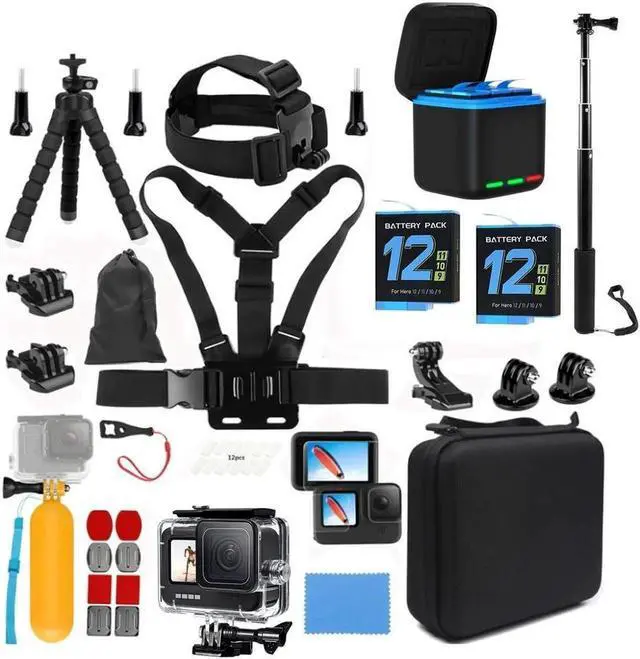 Main image of Accessories Kit with Battery and Charger for Gopro Hero 12 11 10 9 Black, Waterproof Case+Selfie Stick+Tripod+2 Battery+3-Channel Charger Station Compatible with Go pro 12 11 10 9