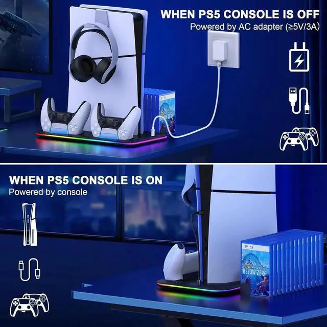 Alt view image 6 of 7 - PS5 Slim Stand and Turbo Cooling Station with Controller Charging Station for Playsation 5, PS5 Accessories Kits with Cooling Fan, RGB LED, 15 Game Slot, Headset Holder for PS5 Digital/Disc